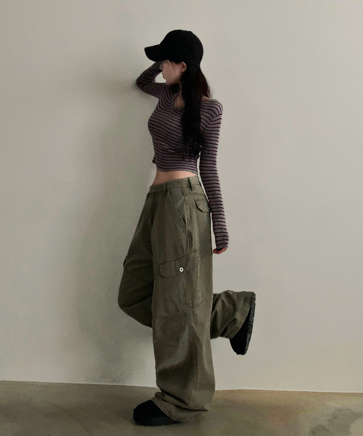 케인 피그먼트 워싱 핀턱 카고팬츠