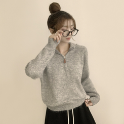 꾸안꾸 무드의 반집업 가을 긴팔 후드 반집업 세미 크롭 니트 그레이