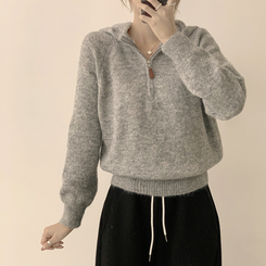 꾸안꾸 무드의 반집업 가을 긴팔 후드 반집업 세미 크롭 니트 그레이