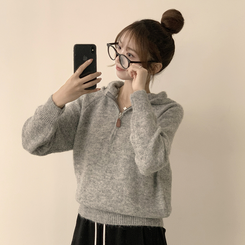 꾸안꾸 무드의 반집업 가을 긴팔 후드 반집업 세미 크롭 니트 그레이