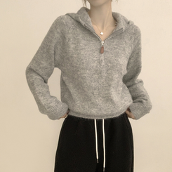 꾸안꾸 무드의 반집업 가을 긴팔 후드 반집업 세미 크롭 니트 그레이