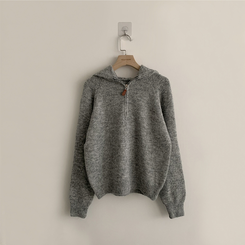 꾸안꾸 무드의 반집업 가을 긴팔 후드 반집업 세미 크롭 니트