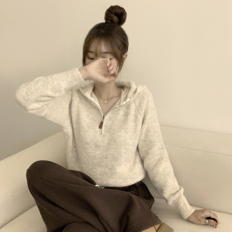 꾸안꾸 무드의 반집업 가을 긴팔 후드 반집업 세미 크롭 니트 베이지