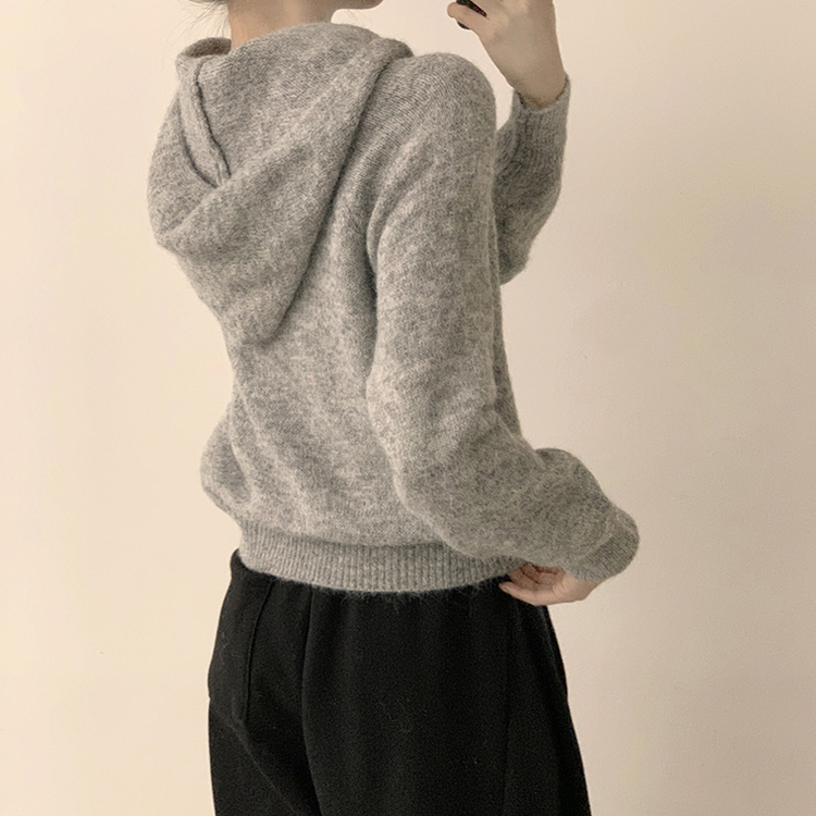 꾸안꾸 무드의 반집업 가을 긴팔 후드 반집업 세미 크롭 니트 그레이