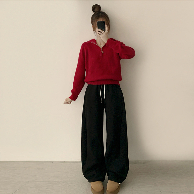 꾸안꾸 무드의 반집업 가을 긴팔 후드 반집업 세미 크롭 니트 레드