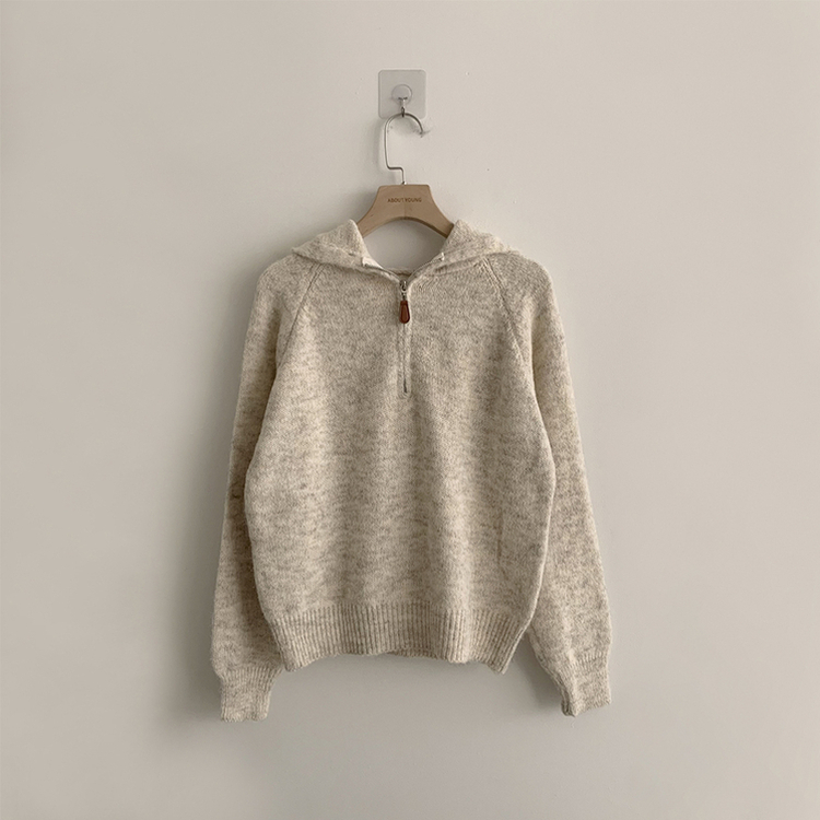 꾸안꾸 무드의 반집업 가을 긴팔 후드 반집업 세미 크롭 니트