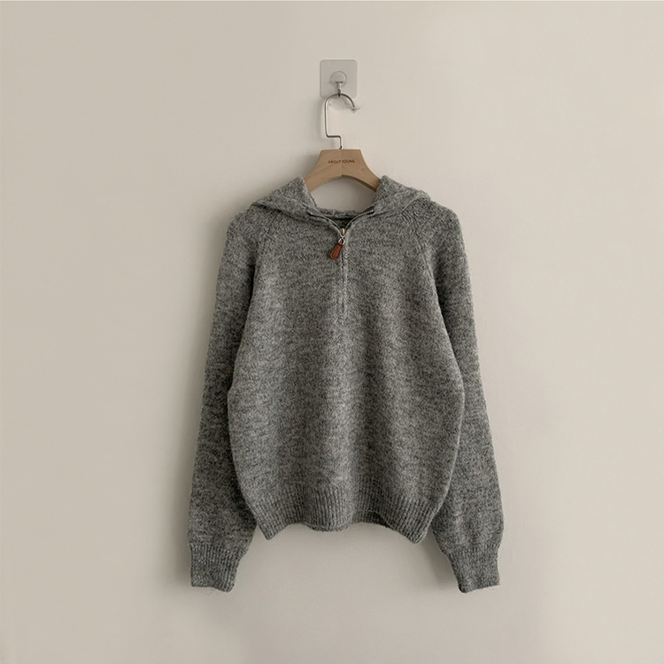 꾸안꾸 무드의 반집업 가을 긴팔 후드 반집업 세미 크롭 니트