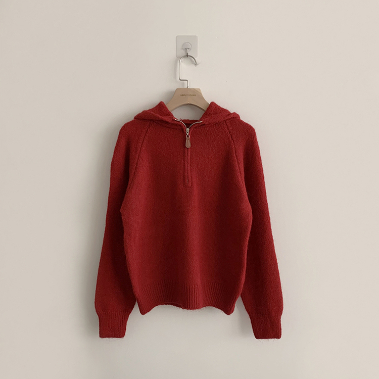 꾸안꾸 무드의 반집업 가을 긴팔 후드 반집업 세미 크롭 니트