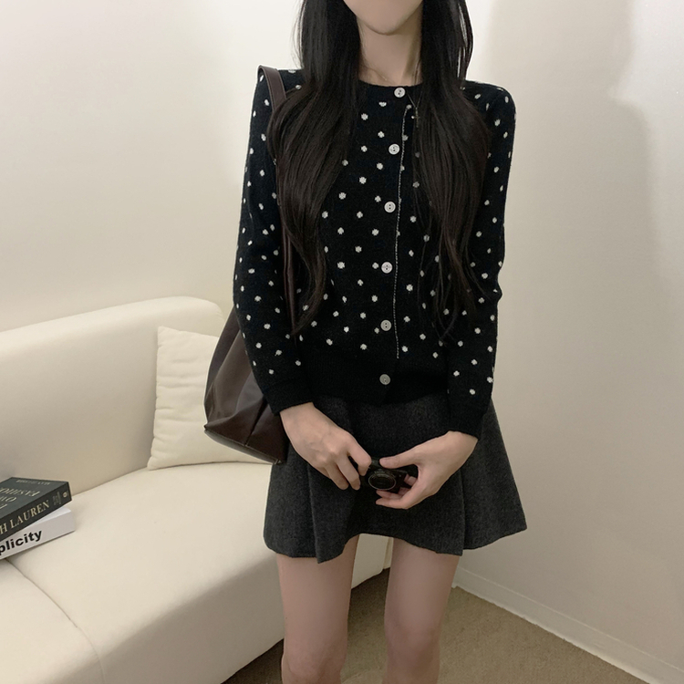 ドットラウンドニットカーディガン BLACK