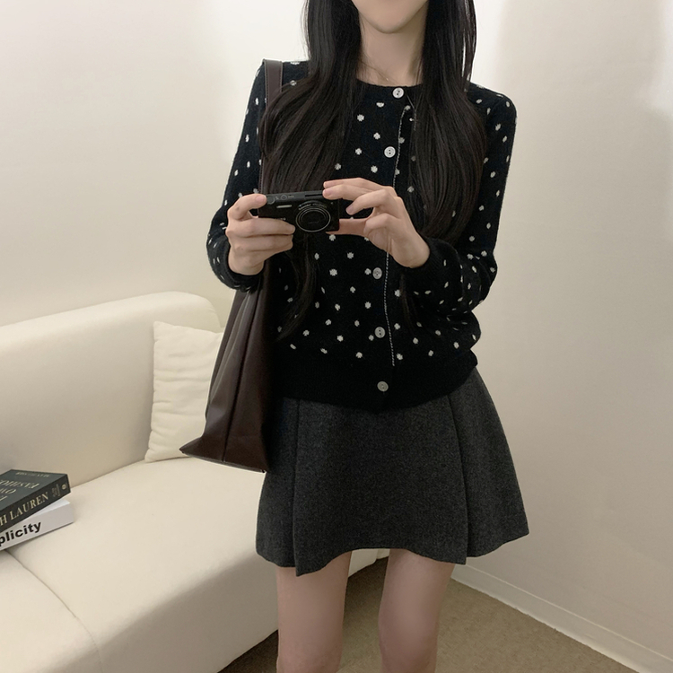 ドットラウンドニットカーディガン BLACK