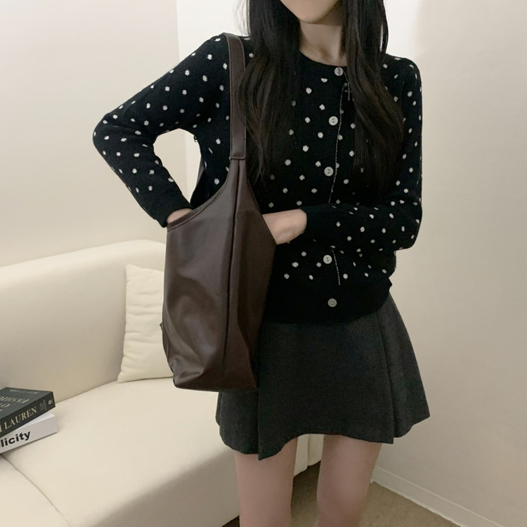 ドットラウンドニットカーディガン BLACK