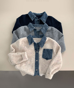 니트가디건에 데님이 붙어있는데님 배색 카라 니트 가디건