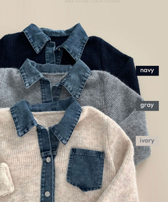 니트가디건에 데님이 붙어있는데님 배색 카라 니트 가디건