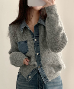 니트가디건에 데님이 붙어있는데님 배색 카라 니트 가디건 그레이