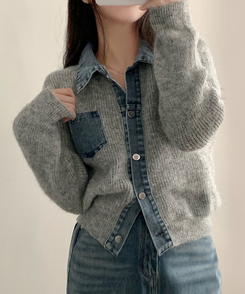 니트가디건에 데님이 붙어있는데님 배색 카라 니트 가디건 그레이