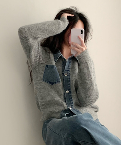 니트가디건에 데님이 붙어있는데님 배색 카라 니트 가디건 그레이