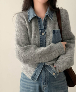 니트가디건에 데님이 붙어있는데님 배색 카라 니트 가디건 그레이