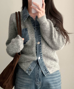 니트가디건에 데님이 붙어있는데님 배색 카라 니트 가디건 그레이