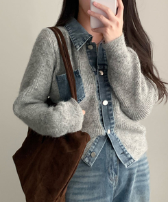 니트가디건에 데님이 붙어있는데님 배색 카라 니트 가디건 그레이