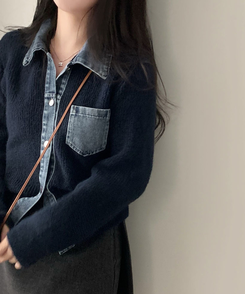 니트가디건에 데님이 붙어있는데님 배색 카라 니트 가디건 네이비