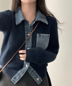 니트가디건에 데님이 붙어있는데님 배색 카라 니트 가디건 네이비