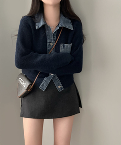 니트가디건에 데님이 붙어있는데님 배색 카라 니트 가디건 네이비