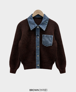 니트가디건에 데님이 붙어있는데님 배색 카라 니트 가디건