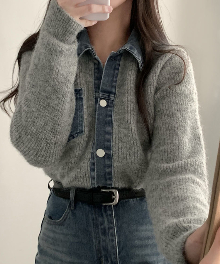 니트가디건에 데님이 붙어있는데님 배색 카라 니트 가디건 그레이