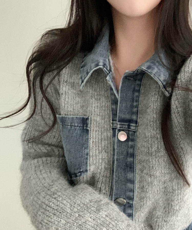 니트가디건에 데님이 붙어있는데님 배색 카라 니트 가디건 그레이