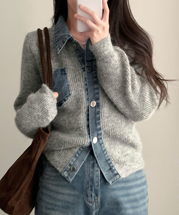 니트가디건에 데님이 붙어있는데님 배색 카라 니트 가디건 그레이
