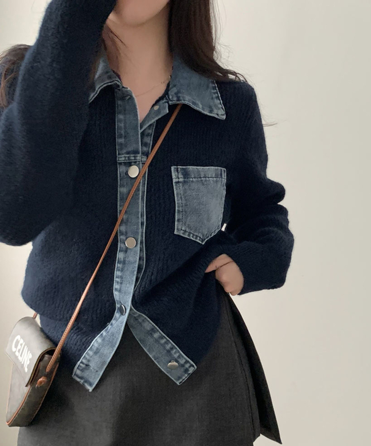 니트가디건에 데님이 붙어있는데님 배색 카라 니트 가디건 네이비