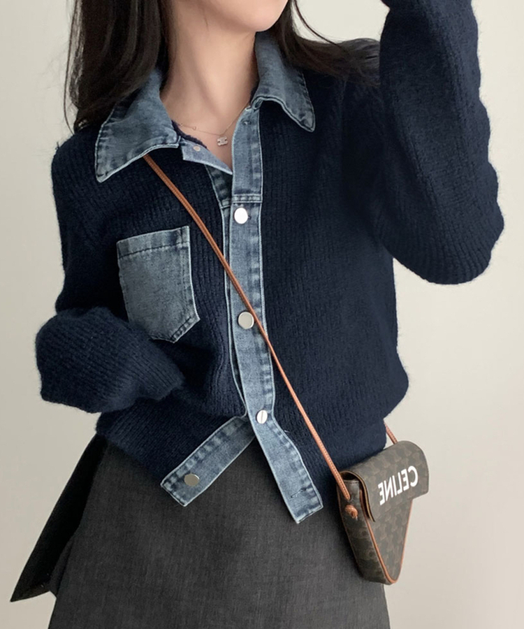 니트가디건에 데님이 붙어있는데님 배색 카라 니트 가디건 네이비