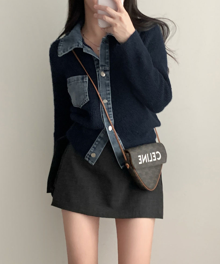 니트가디건에 데님이 붙어있는데님 배색 카라 니트 가디건 네이비