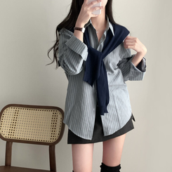 셔츠에 니트숄은 덤으로코디뚝딱 스트라이프 셔츠 니트숄 세트 소라