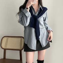 셔츠에 니트숄은 덤으로코디뚝딱 스트라이프 셔츠 니트숄 세트 소라