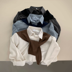 셔츠에 니트숄은 덤으로코디뚝딱 스트라이프 셔츠 니트숄 세트