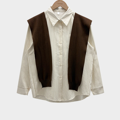 셔츠에 니트숄은 덤으로코디뚝딱 스트라이프 셔츠 니트숄 세트