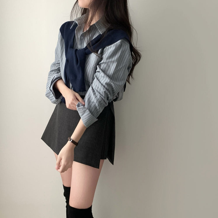 셔츠에 니트숄은 덤으로코디뚝딱 스트라이프 셔츠 니트숄 세트 소라