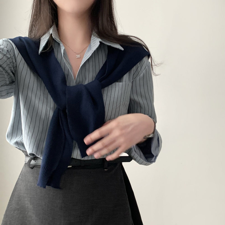 셔츠에 니트숄은 덤으로코디뚝딱 스트라이프 셔츠 니트숄 세트 소라