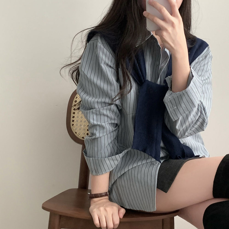 셔츠에 니트숄은 덤으로코디뚝딱 스트라이프 셔츠 니트숄 세트 소라