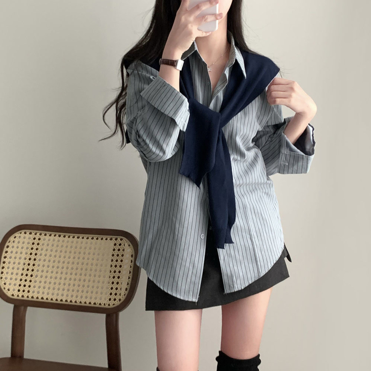 셔츠에 니트숄은 덤으로코디뚝딱 스트라이프 셔츠 니트숄 세트 소라