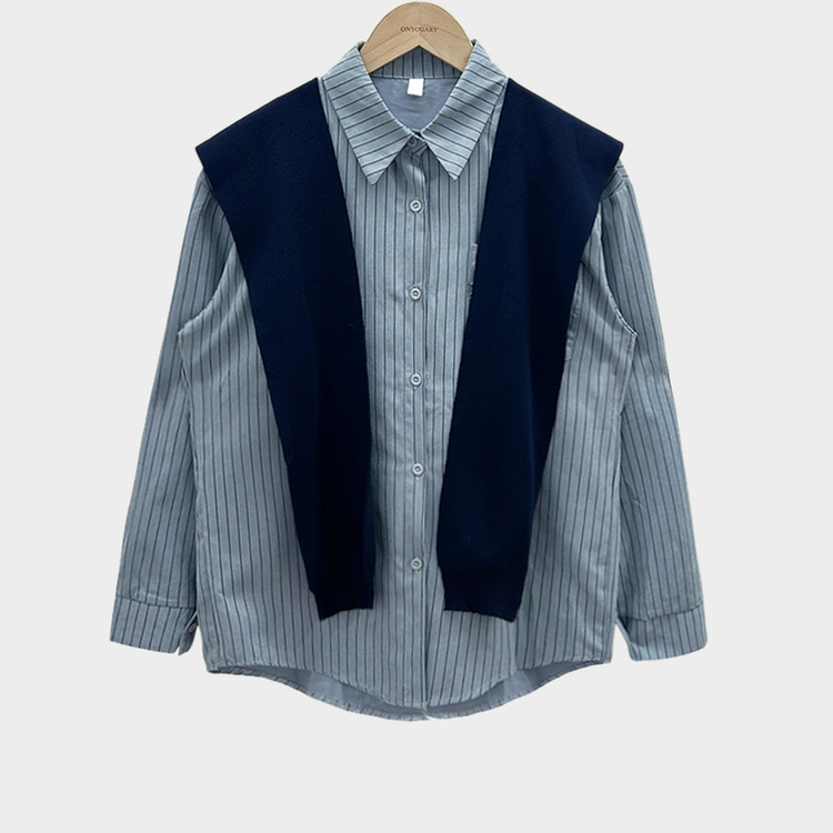 셔츠에 니트숄은 덤으로코디뚝딱 스트라이프 셔츠 니트숄 세트