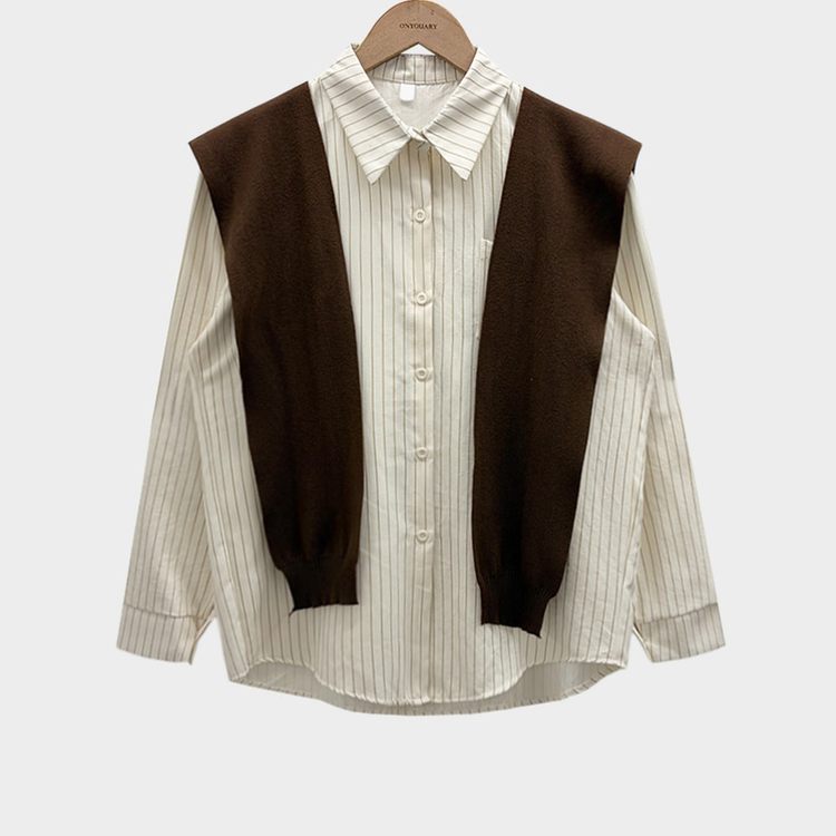 셔츠에 니트숄은 덤으로코디뚝딱 스트라이프 셔츠 니트숄 세트
