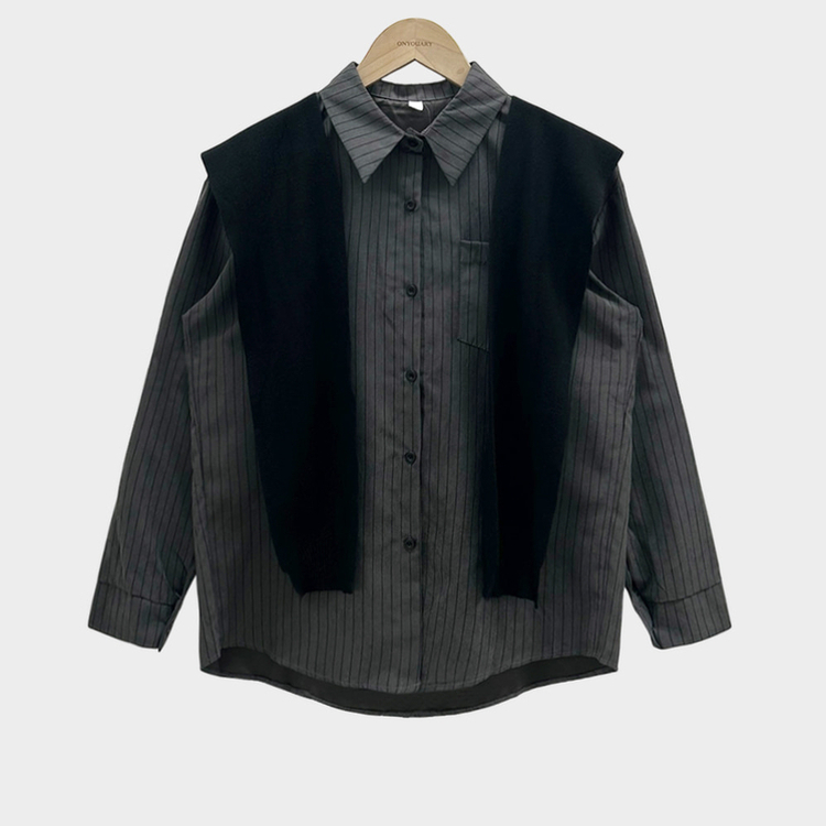 셔츠에 니트숄은 덤으로코디뚝딱 스트라이프 셔츠 니트숄 세트