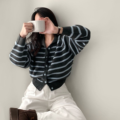 밑단 똑 잡아주는 잘록핏배색 단가라 크롭 니트 가디건 차콜