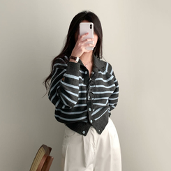 밑단 똑 잡아주는 잘록핏배색 단가라 크롭 니트 가디건 차콜