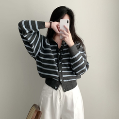 밑단 똑 잡아주는 잘록핏배색 단가라 크롭 니트 가디건 차콜