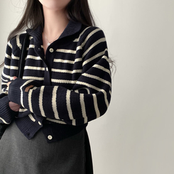 밑단 똑 잡아주는 잘록핏배색 단가라 크롭 니트 가디건 네이비