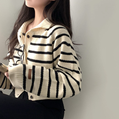 밑단 똑 잡아주는 잘록핏배색 단가라 크롭 니트 가디건 아이보리