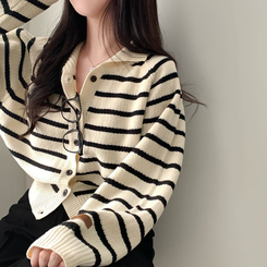 밑단 똑 잡아주는 잘록핏배색 단가라 크롭 니트 가디건 아이보리